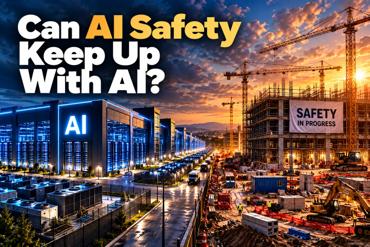 AI infrastructure operating beside a safety facility still under construction, illustrating whether AI safety can keep pace with AI development.