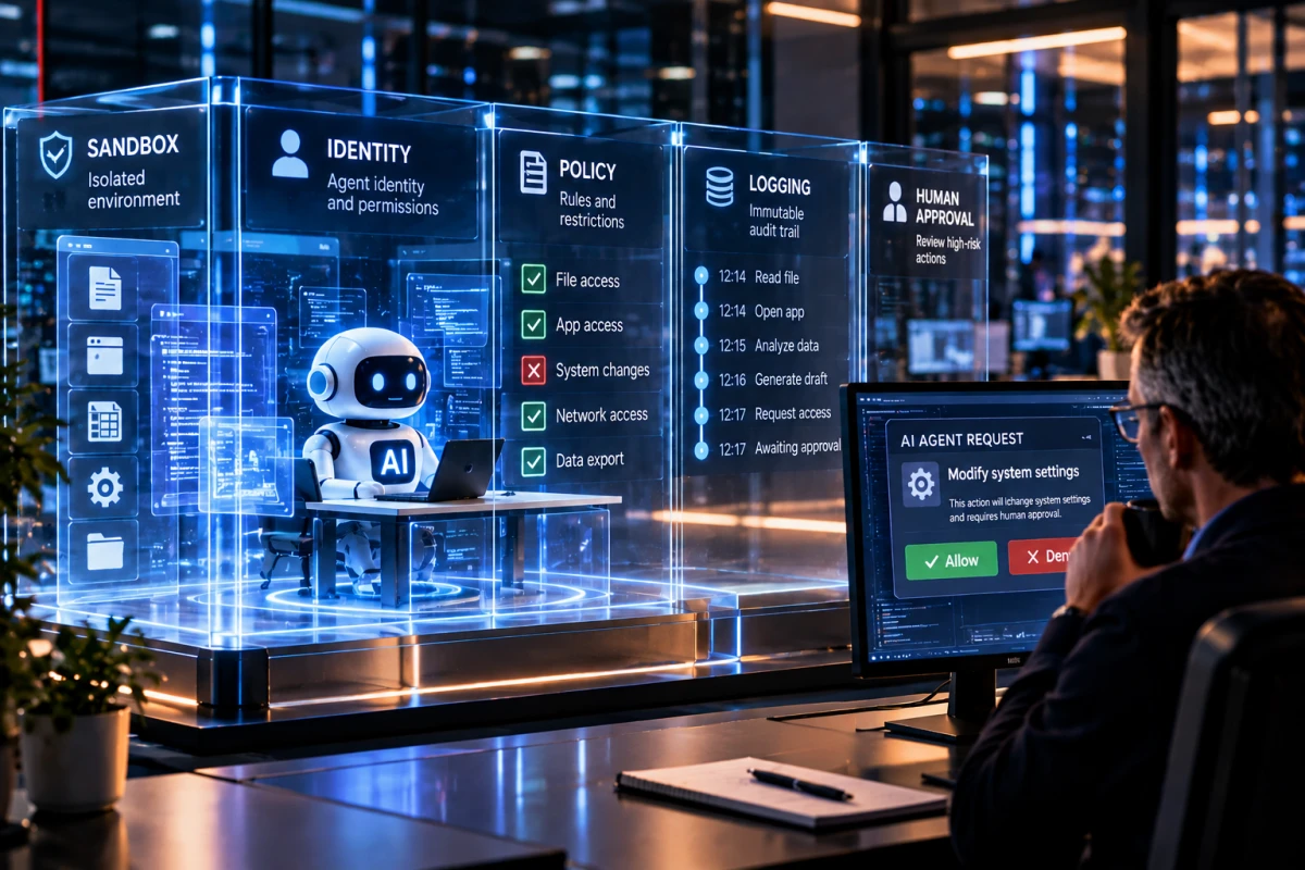 AI agent in an isolated environment with security layers for identity, policy, logging and human approval.