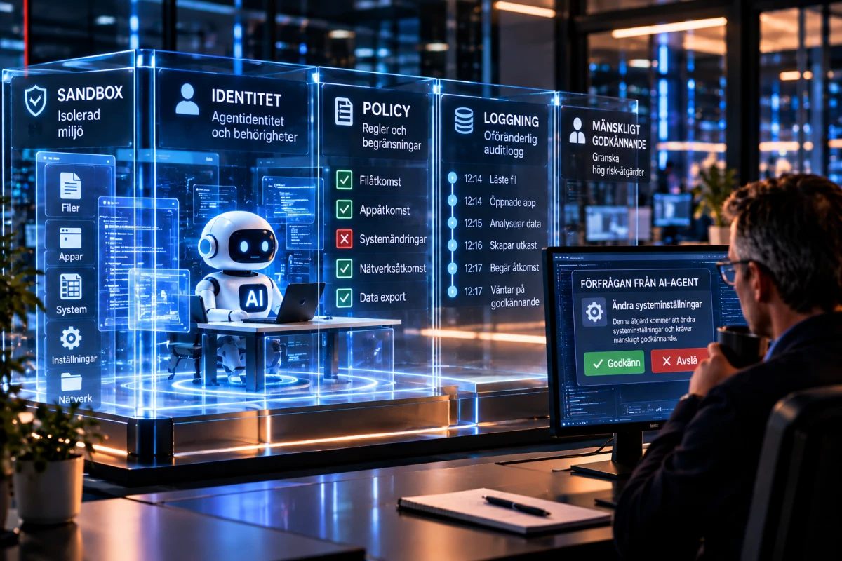 AI-agent i en isolerad miljö med säkerhetslager för identitet, policy, loggning och mänskligt godkännande.