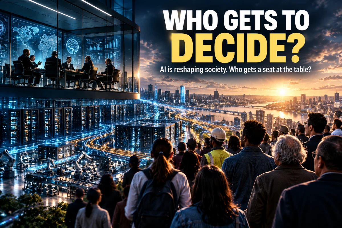 AI infrastructure and a glass-walled decision room overlooking members of the public, illustrating the question of who gets to shape an AI-driven future.