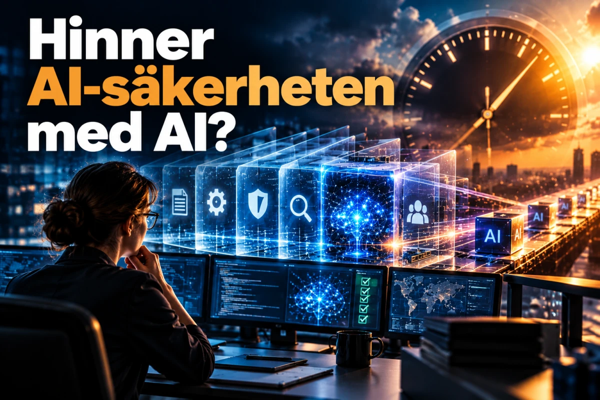Säkerhetsgranskare framför flera abstrakta kontrollager runt ett AI-system.