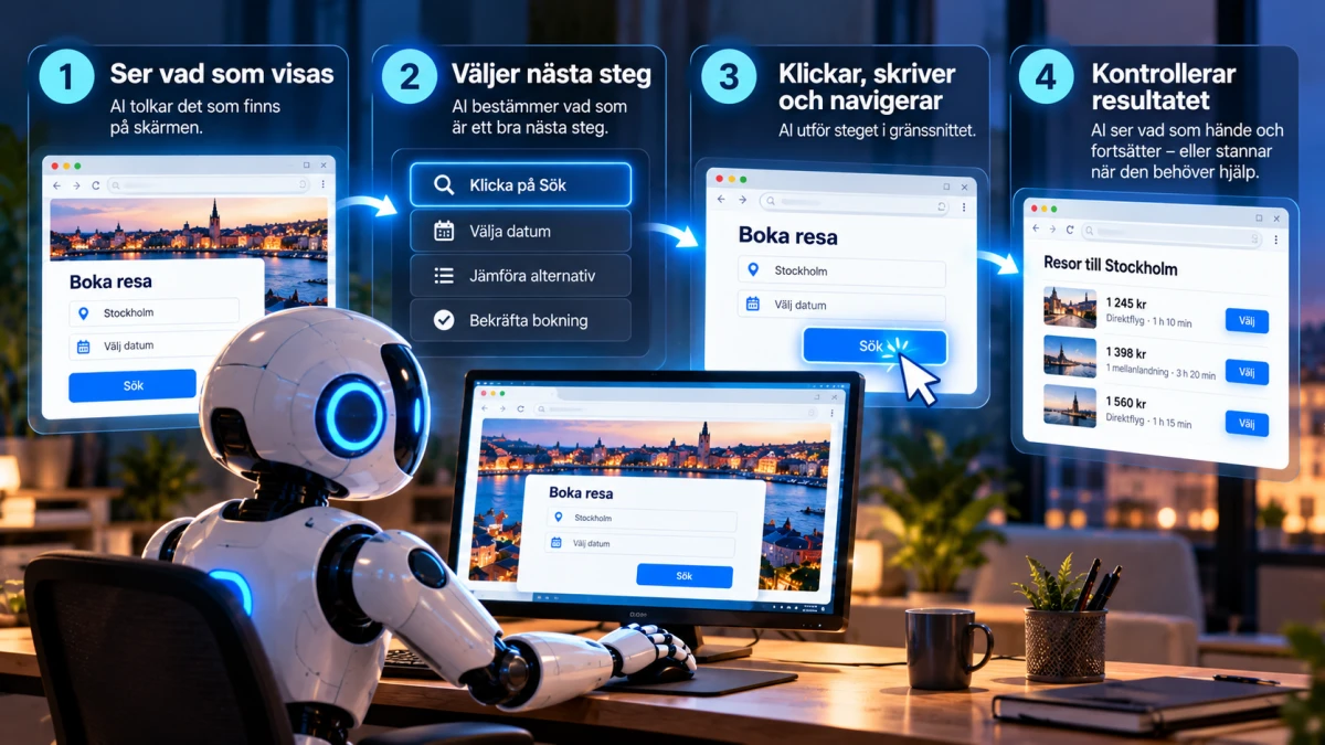 Illustration av AI som steg för steg navigerar i en resesökning utan att genomföra ett köp.