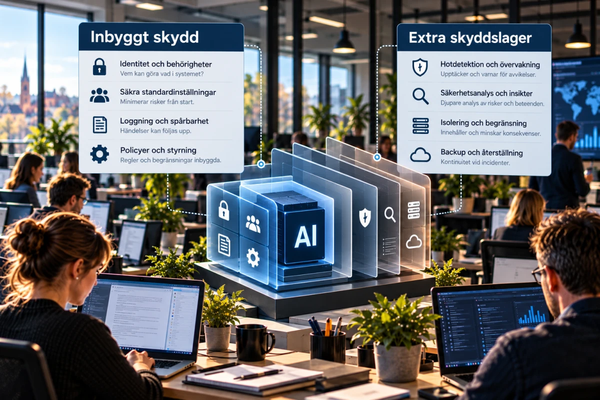 Illustration av ett AI-arbetsflöde med ett grundläggande skyddslager och ett separat övervakningslager.