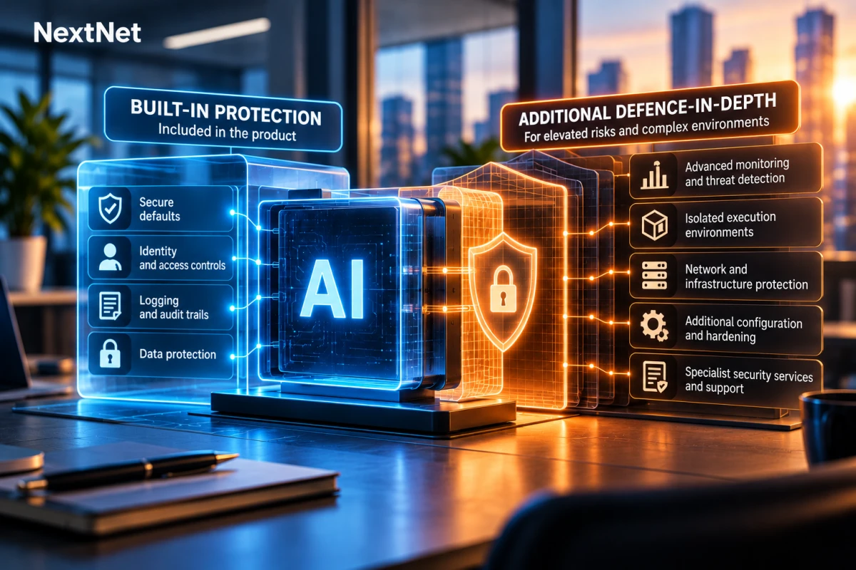 Illustration of an AI system showing built-in security controls and additional defence-in-depth.