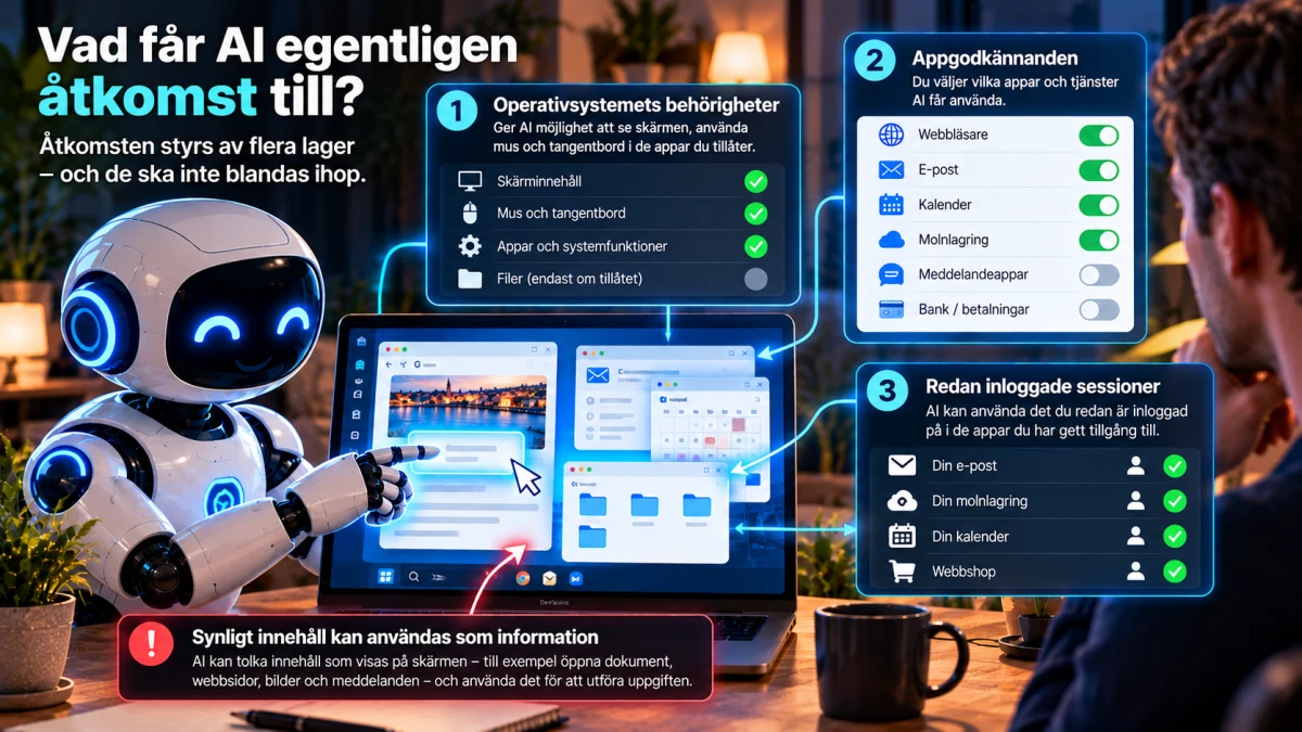 Illustration av tre åtkomstlager för AI: operativsystemets behörigheter, appgodkännanden och redan inloggade sessioner.