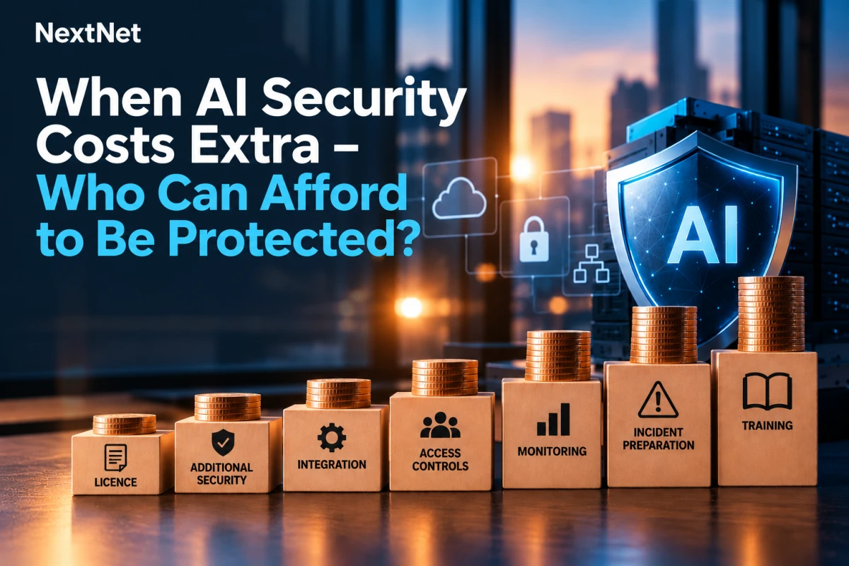 Editorial illustration of AI security costs, showing an AI shield, coin stacks and additional layers of security and operational work.