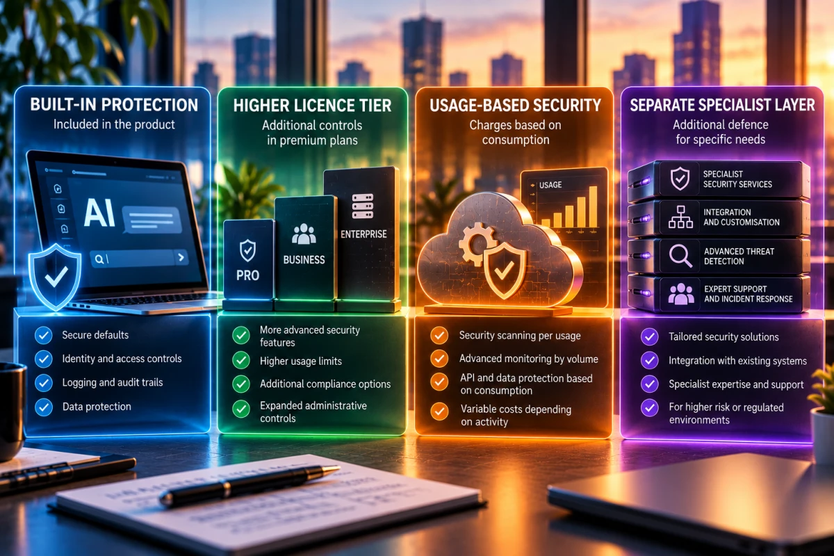 Illustration of four AI security packaging models: built-in protection, higher licence tiers, usage-based security and separate specialist layers.
