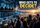 AI infrastructure and a glass-walled decision room overlooking members of the public, illustrating the question of who gets to shape an AI-driven future.