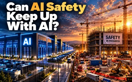 AI infrastructure operating beside a safety facility still under construction, illustrating whether AI safety can keep pace with AI development.