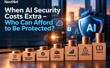 Editorial illustration of AI security costs, showing an AI shield, coin stacks and additional layers of security and operational work.