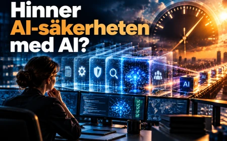 Säkerhetsgranskare framför flera abstrakta kontrollager runt ett AI-system.