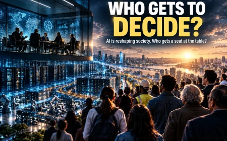 AI infrastructure and a glass-walled decision room overlooking members of the public, illustrating the question of who gets to shape an AI-driven future.